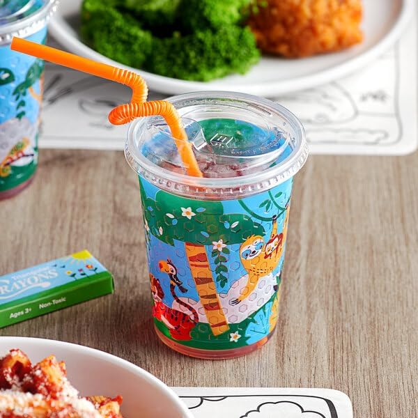 Clear Plastic Kids Cup with Jungle Print Design, 12 oz, Round Shape, Disposable Lid with Straw Slot and Straw, 250 per Case