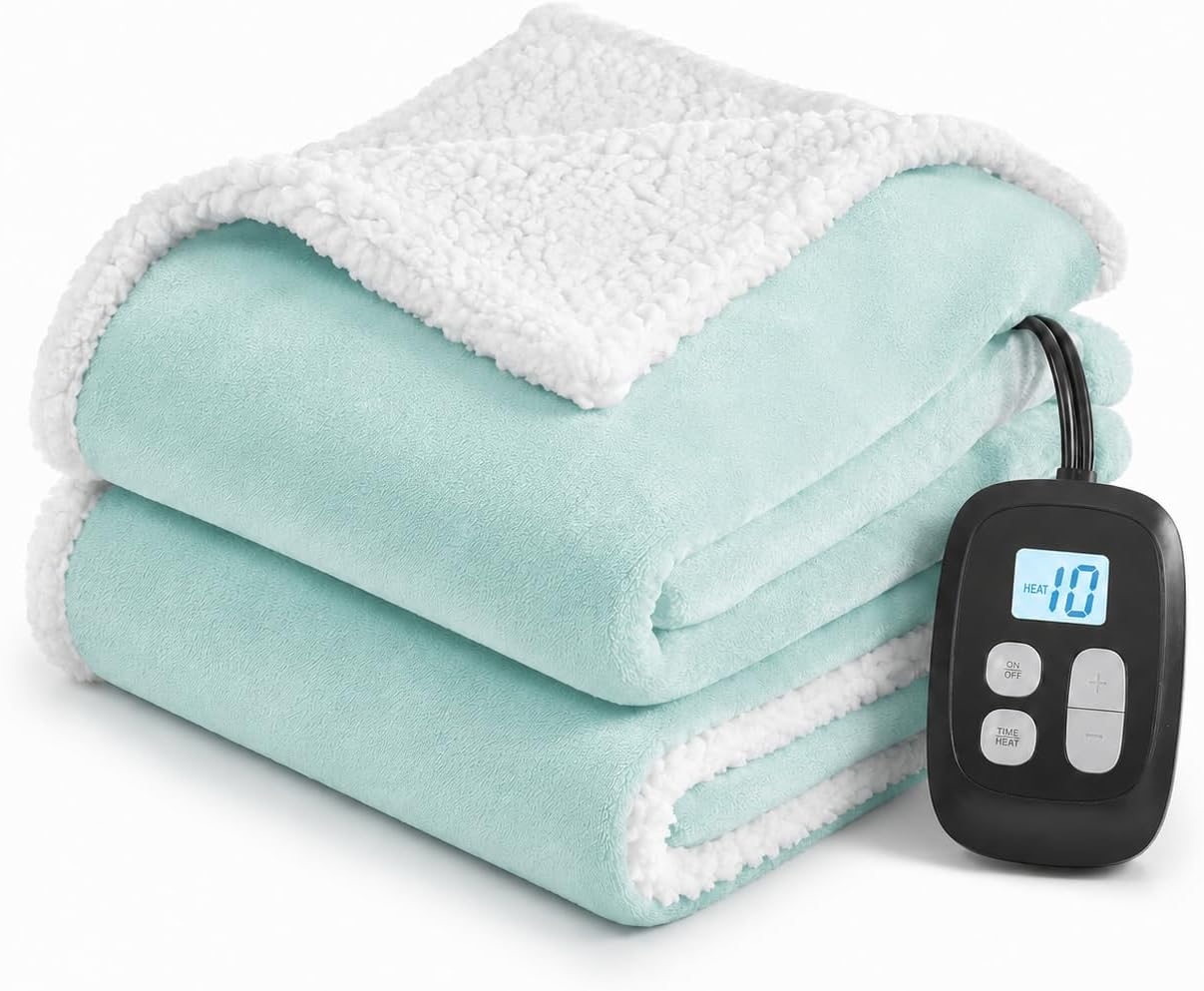 LaffyLo Electric Heated Blanket Full Size 72 x 84, Fast Heating Blanket, Dual-Sided Flannel Sherpa, 10 Heat Settings, 1-12 Hour Auto Off, Machine Washable, Light Green