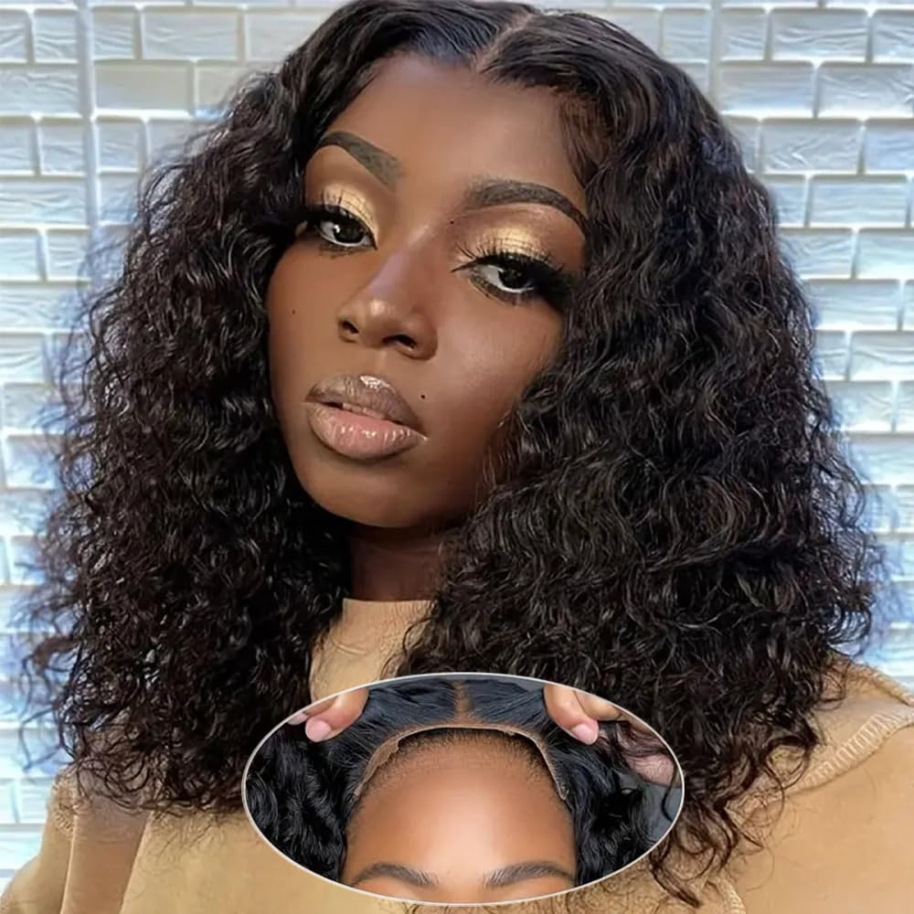 Bob Wig Human Hair Deep Wave Glueless Wigs Human Hair Pre Plucked Pre Cut 4x4 Wear and Go Wig for Black Women Beginner Friendly Natural Color (Glueless Curly Wig, 16inch)