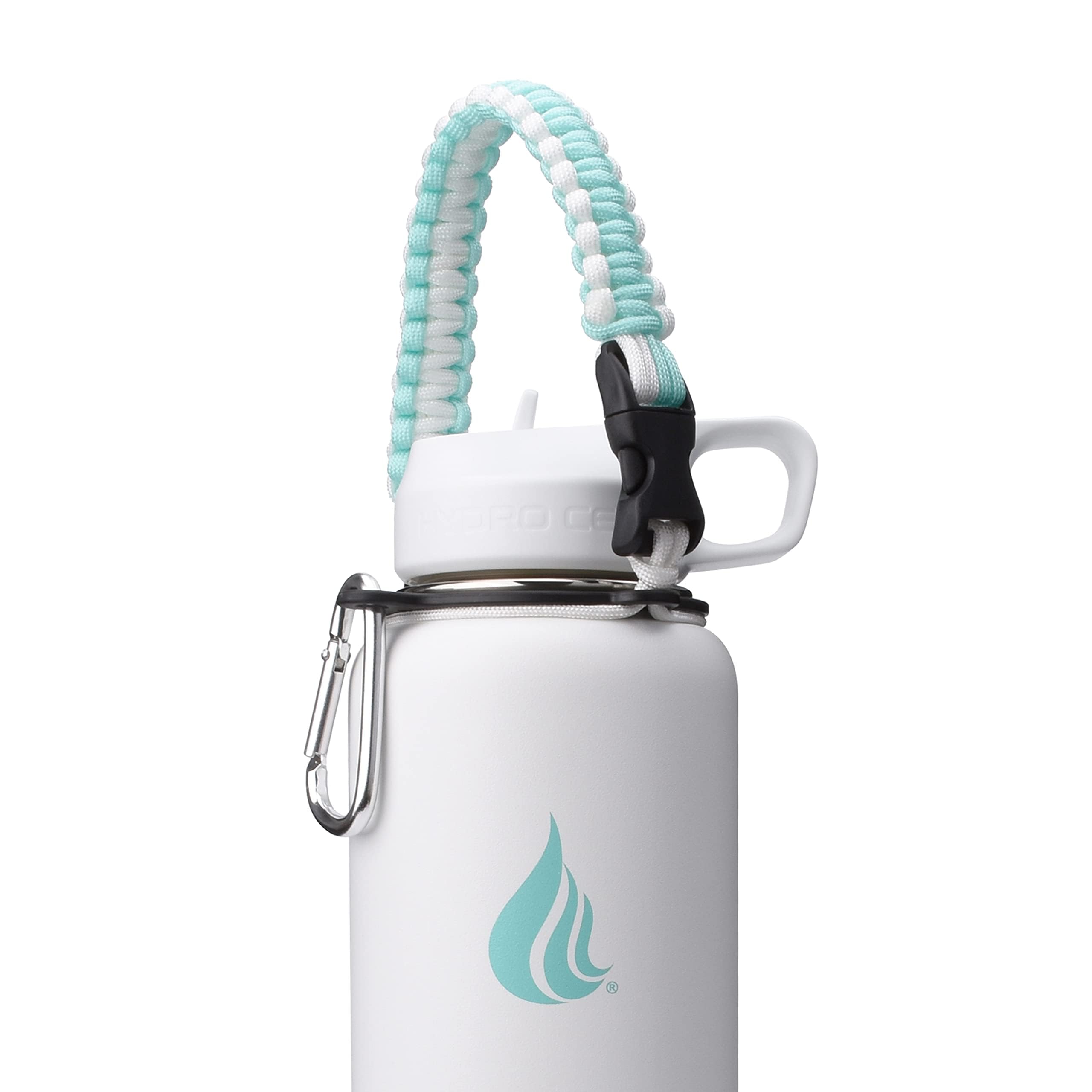 HYDRO CELL Wide Mouth Paracord Handle - Strap Carrier with Safety Ring and Carabiner. Compatible with 18, 24, 32, 40, and 64 oz Stainless Steel Water Bottles (Teal/White)