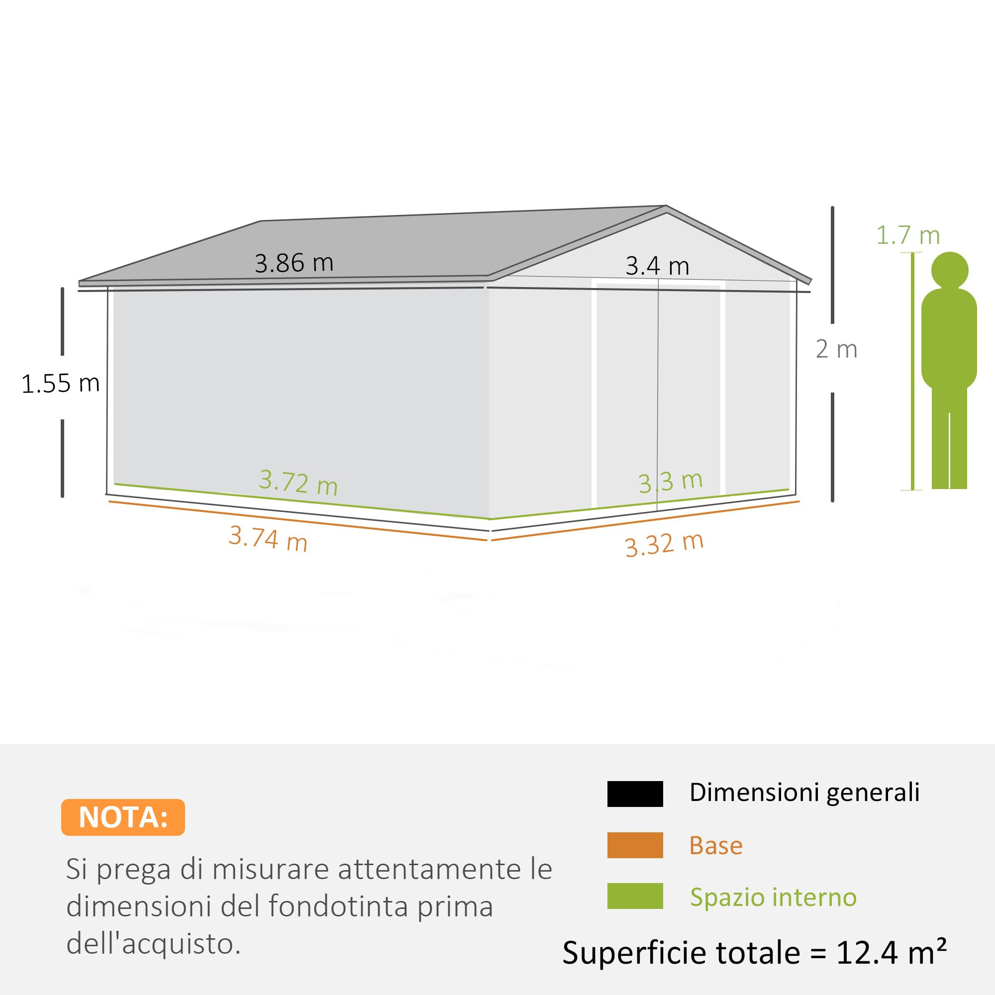 Outsunny Casetta da Giardino 12.4m² con Fondazione, 4 Prese d'Aria e 2 Porte Scorrevoli, Capanno Porta Attrezzi in Lamiera d'Acciaio, 340x386x200 cm, Grigio Chiaro