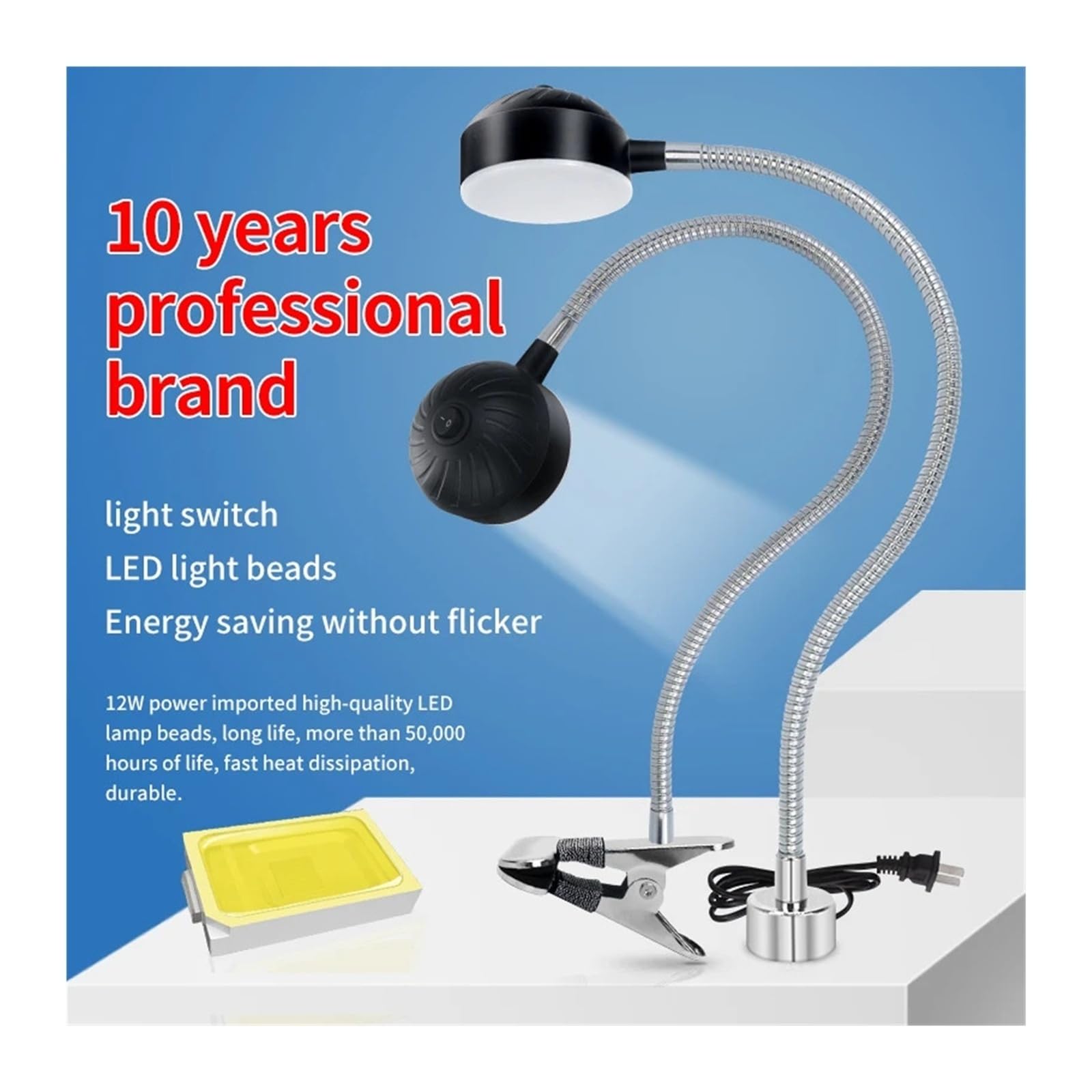 Tokarka światło robocze LED, 12 W, 110-220 V, 24-36 V, elastyczna, długość 40 cm, klips typu łabędzia szyja, magnetyczna lampa podstawowa (przełącznik magnetyczny, US)