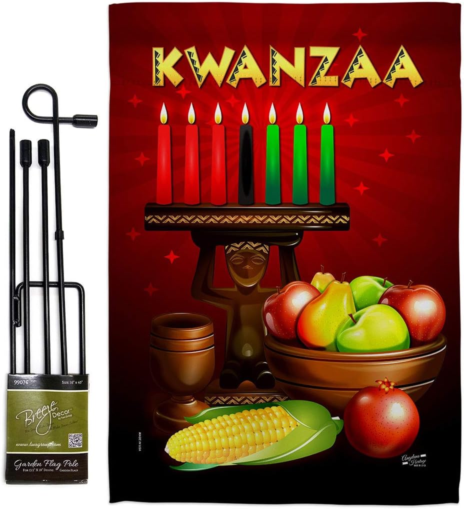 Greeting Kwanzaa Garden Flag Set Wood Dowel Black History Kinara Candles Celebrates African Americans Heritage Small Decorative Gift Yard House Banner Made In USA 13 X 18.5