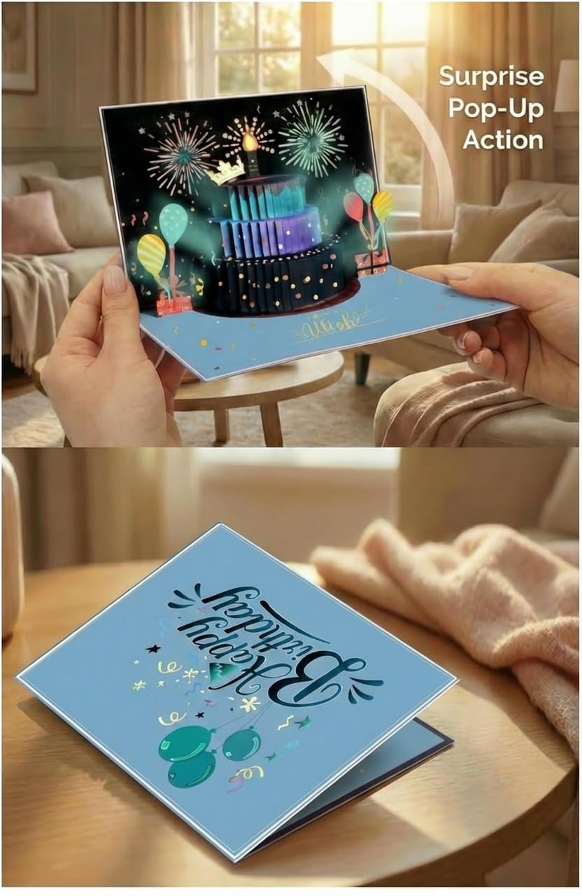 3D Pop Up Geburtstagskarte für Männer - LED-Lichter, Blaskerze für Applaus, kühnes und schlankes Design