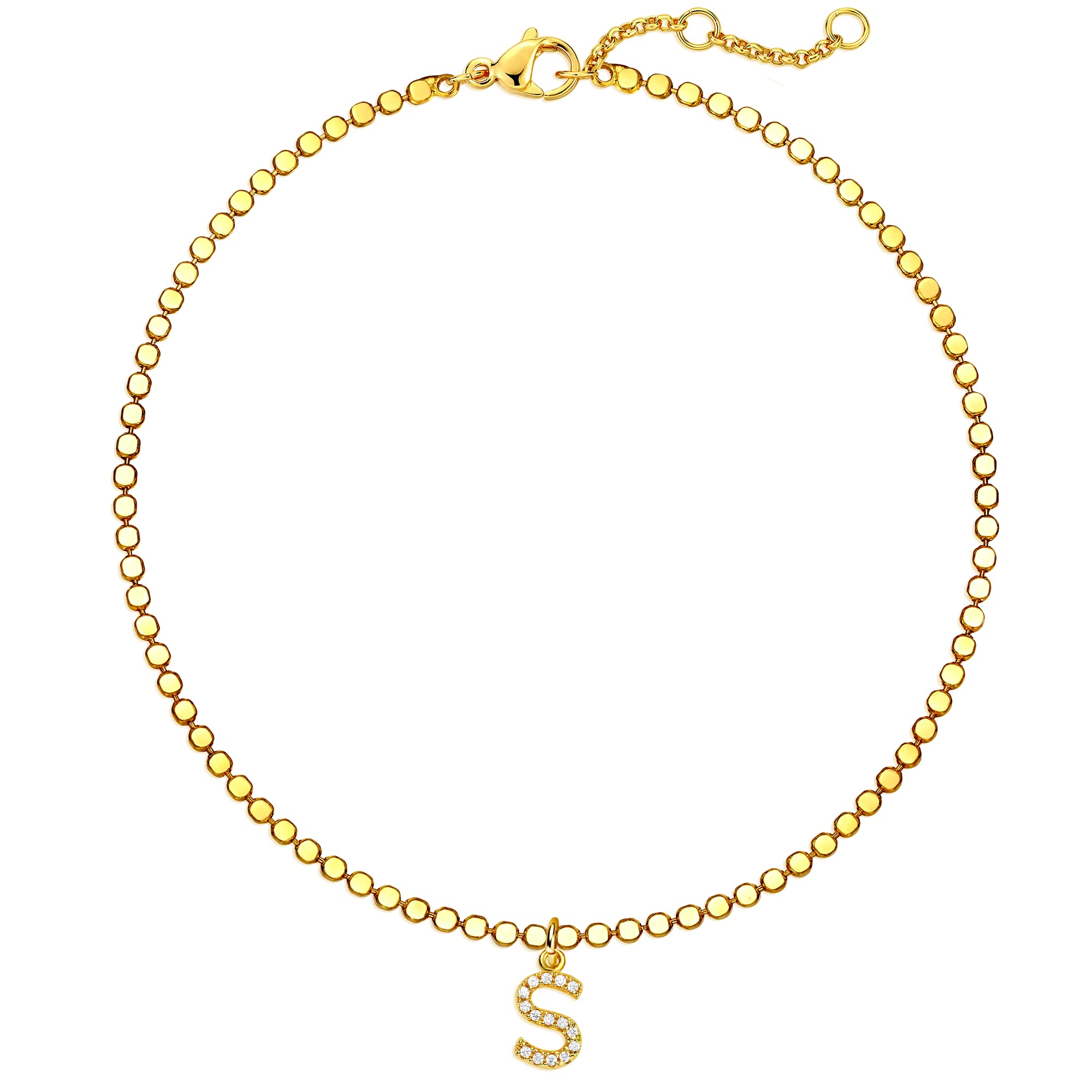 MEVECCO 18K Gold Plated Initial Anklet Bracelet Laser Cut Flat Ball Chain Anklet With CZ Letter Charm Tiny Dot A-Z Anklet Personalized Delicate Gift