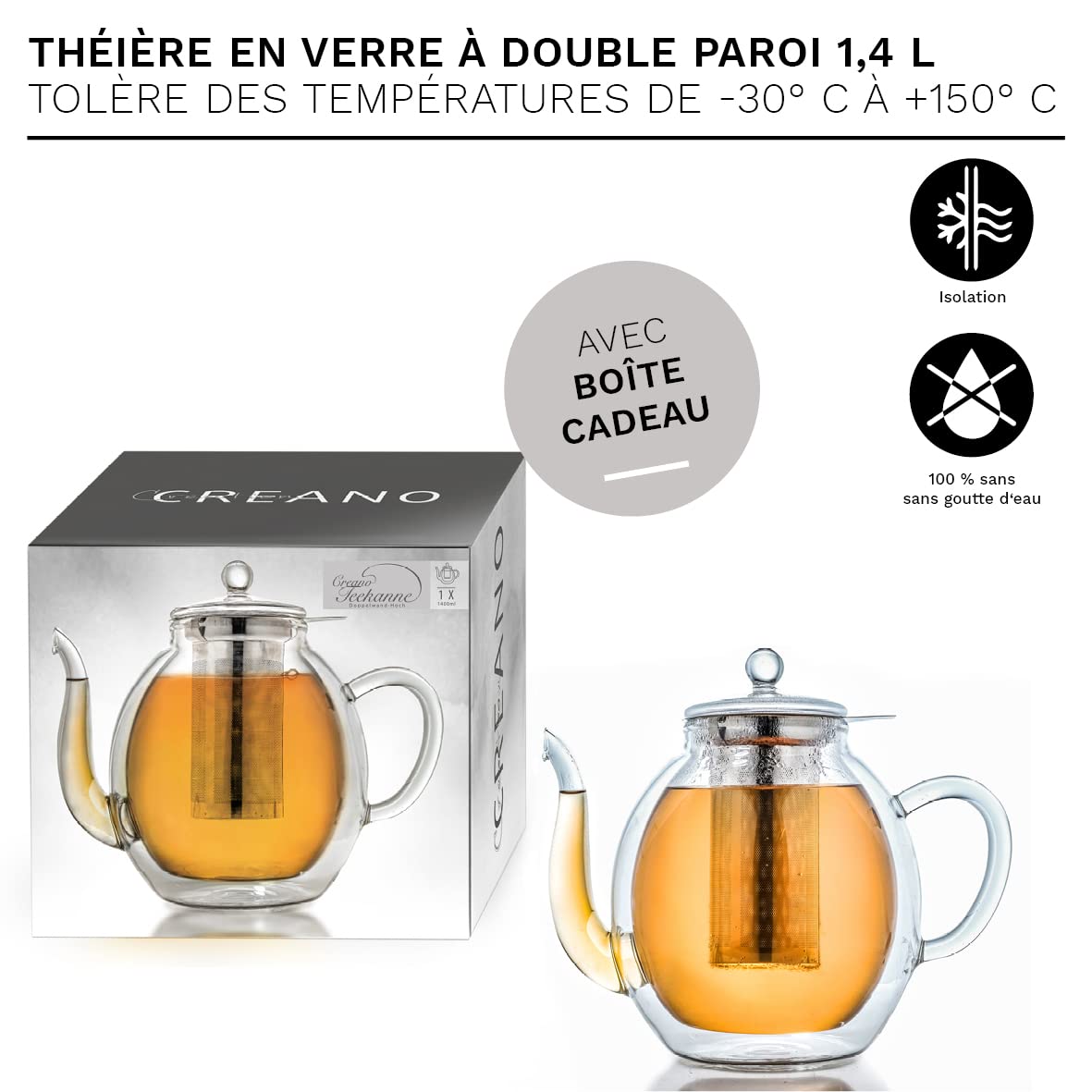 Creano Théière en verre à double paroi 1,4 l avec filtre en acier inoxydable – Théière isotherme anti-goutte pour thé en vrac et fleurs de thé