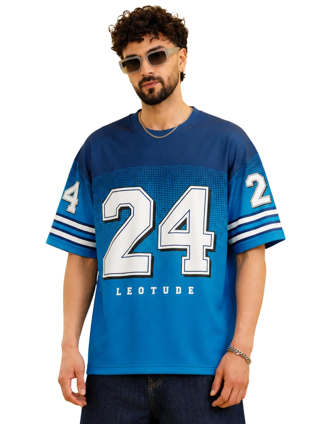 leotude Men's Sports Jersey T-Shirt |Oversized Round Neck Half Sleeve Number 24 Graphic Tee | Quick Dry Polyester Athletic Football Style T-Shirt for Men (Color : Blue)-picture-56