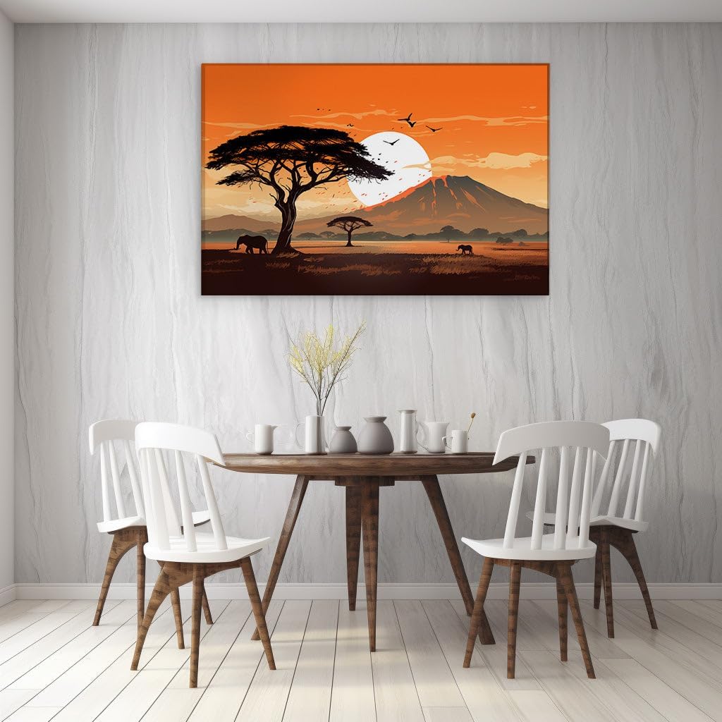 Canvas for Living room. Sundown Serenity: Elephants in the Warm Embrace of the African Savanna, 27 x 18 inch Canvas Wall Art - Ready to Hang