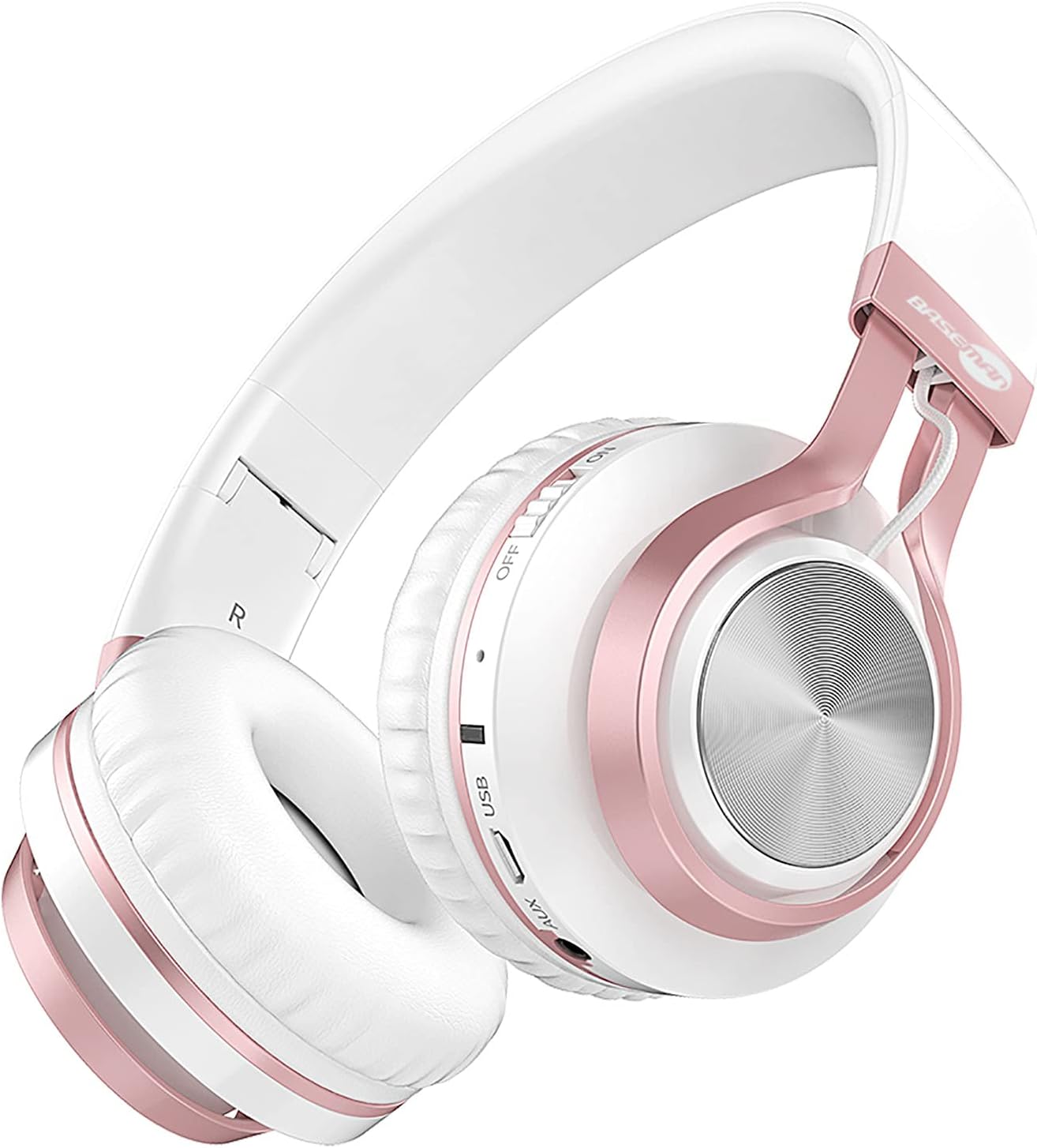 BASEMAN Wireless Over Ear Headphones, Long Battery Life Deep Bass Bluetooth Headphones with Microphone Wireless and Wired Headset for Computer iPhone Teens Girls Women School Travel - White Rose Gold
