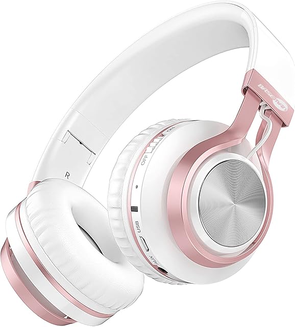 Bluetooth Headphones Over Ear, BASEMAN [Long Battery Life] Deep Bass Headphones Wireless and Wired with Microphone Headsets for Computer Kindle iPhone Teens Girls Women School Travel - White Rose Gold