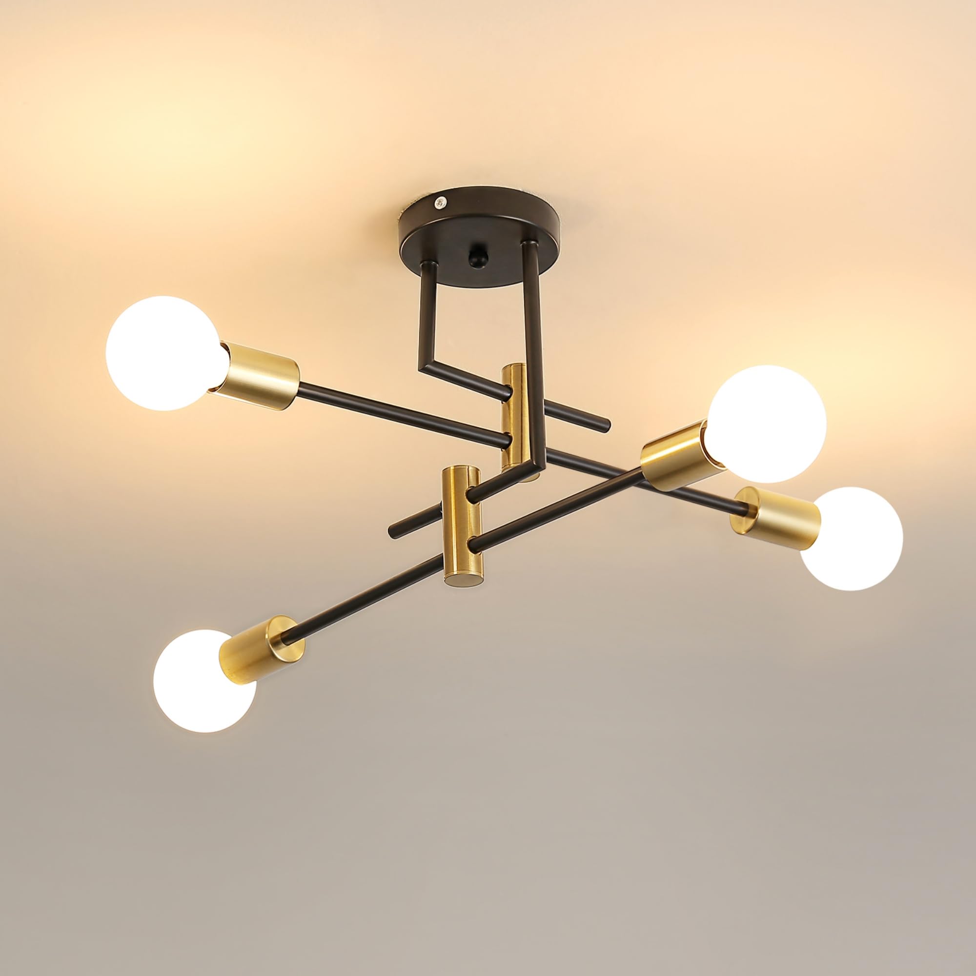 Chandelier Light, 4 Lights Industrial Ceiling Light Black with Gold, E27 Chandelier Lighting Vintage Semi Flush Mount for Living Room Bedroom Kitchen Dining Room Hallway (No Bulbs)