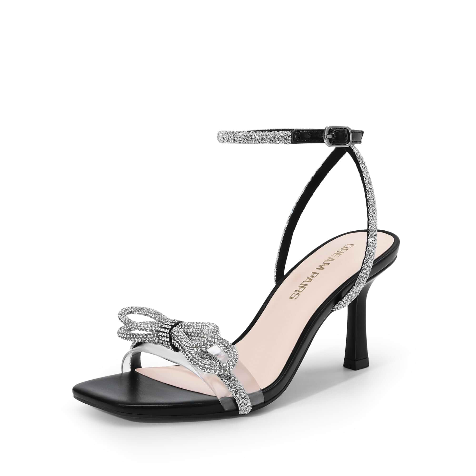 DREAM PAIRS Women's Ankle Strap Low Heel Sandals Square Open Toe Party Wedding Summer Shoes, Double Bowknots Crystal Rhinestone, Kitten Heel Fashion Dressy Brielle Sandals