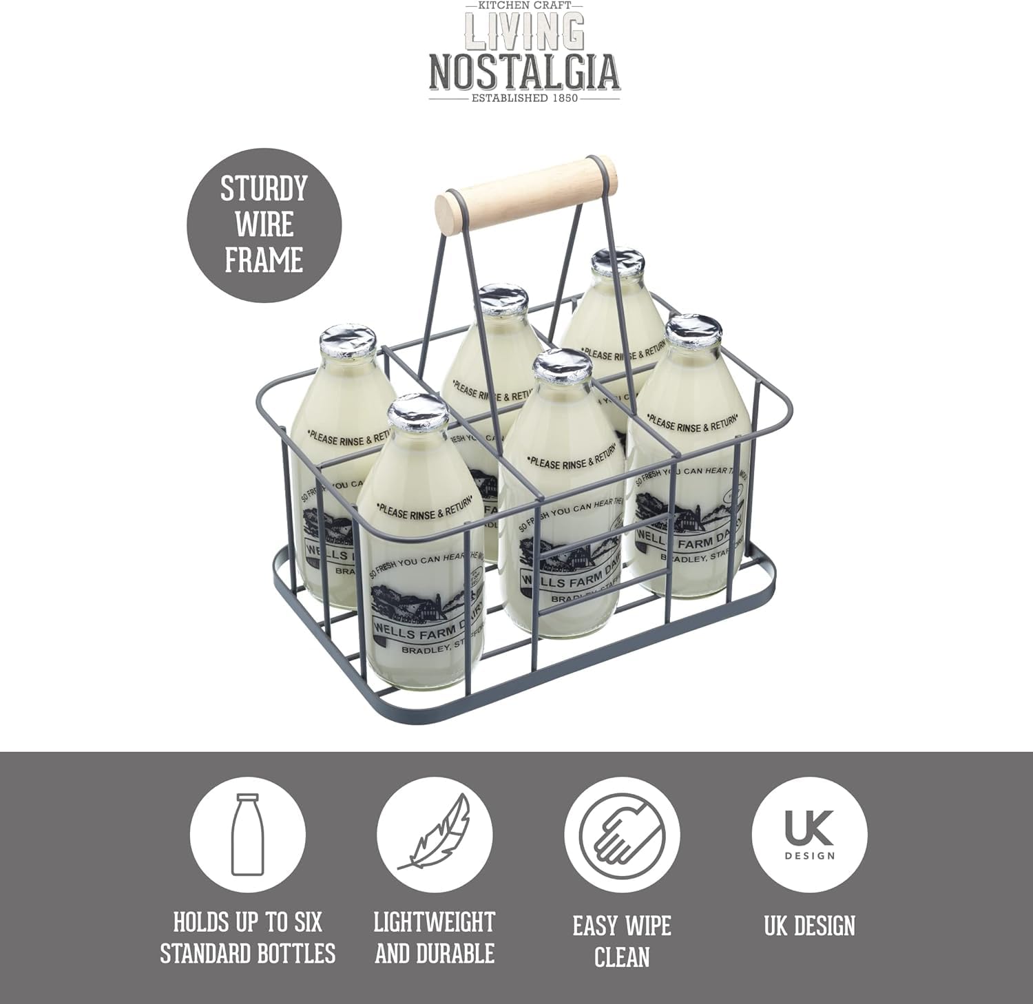 KitchenCraft Living Nostalgia Portabottiglie in Filo da 6, Argento
