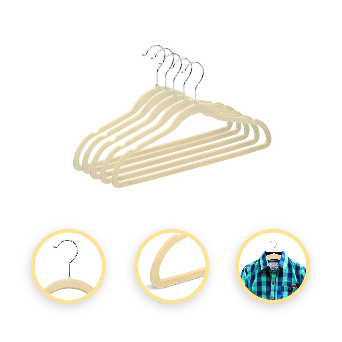 Percha Terciopelo Color Beige, Perchas de Ropa Pack de 20,40, 80 y 120 Und con Superficie Antideslizante y Gancho Cromado Giratorio a 360º