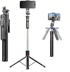 BEMMY Tripé Extensível 170CM Rotação de 360° para Celular, Vara de Selfie com Clipe e Controle Remoto, Tripé de Viagem com Clipe de Telefone Destacável para iPhone, Sony, Canon, GoPro (A)