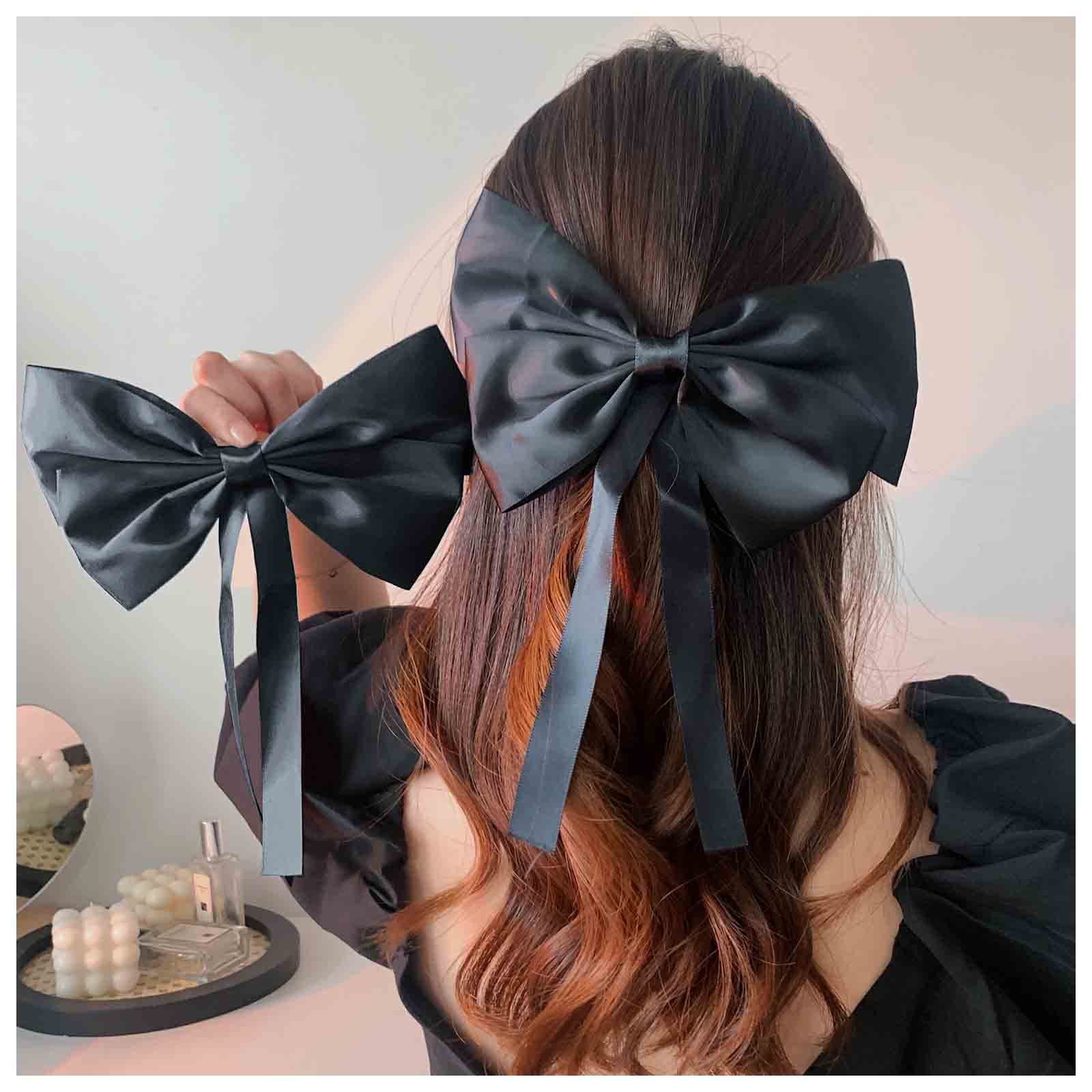 Zeshimb Satin Bow Ponytail Holder Black Big Hair Bows Clips Vintage Bow Hair Clip Barrettes Satin Ribbion Bowknot Clip Headpiece Silk Bowknot Hair Accessories for Women and Girls