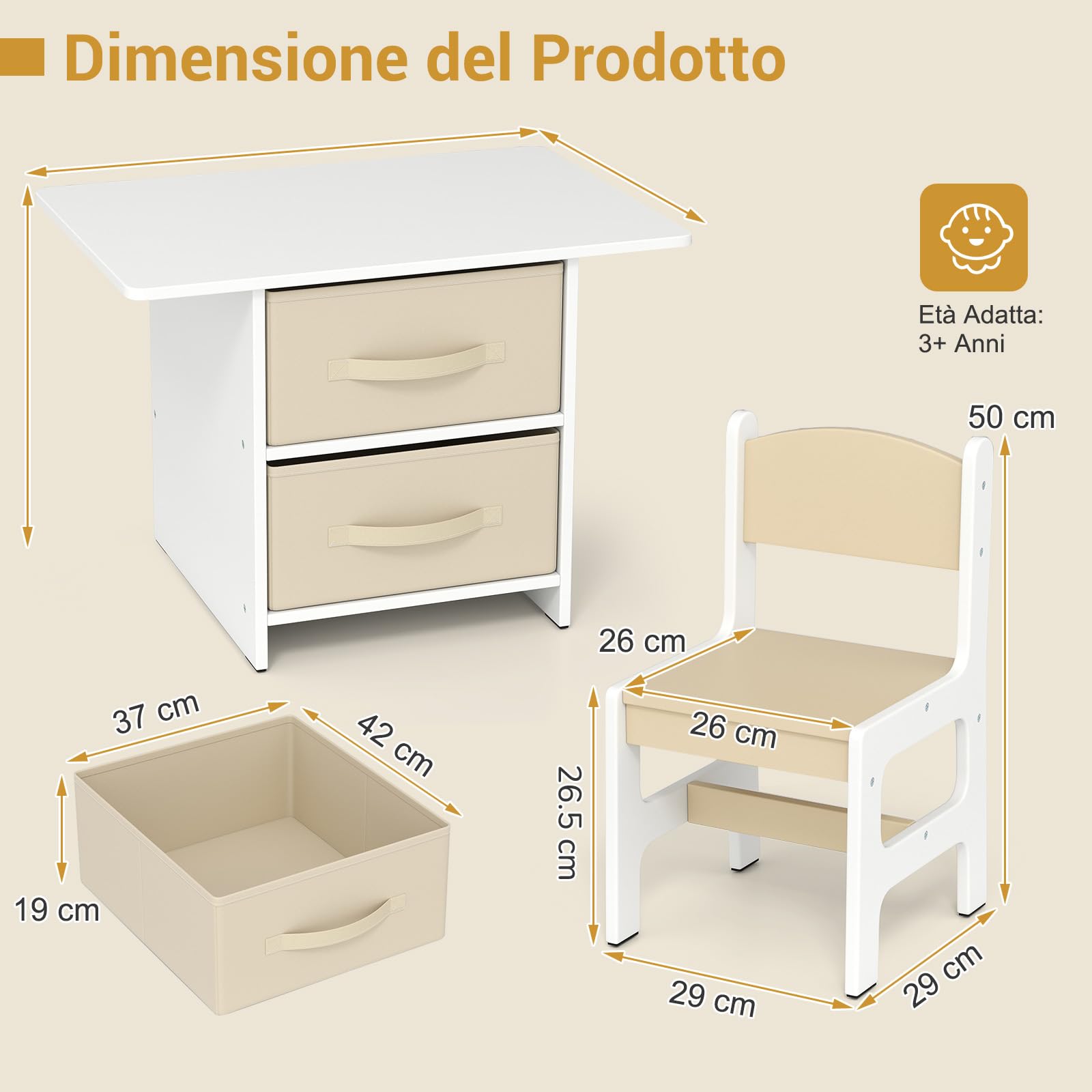 RELAX4LIFE Tavolo per Bambini con 2 Sedie Ergonomiche e 2 Cassetti in Tessuto Rimovibili, Set Scrivania e Sedia per Bambini dai 3 Anni in Su per Giocare e Studiare, Carico 50 kg (Beige)