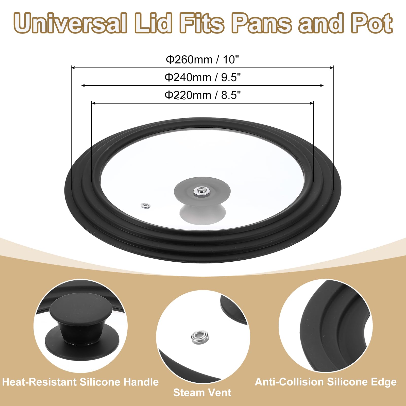 uxcell 1 tapa universal para ollas de 8.5, 9.5, 10 pulgadas de diámetro, tapas de repuesto con borde de silicona resistente al calor, tapa de ventilación de vapor para ollas, sartenes, sartenes, color