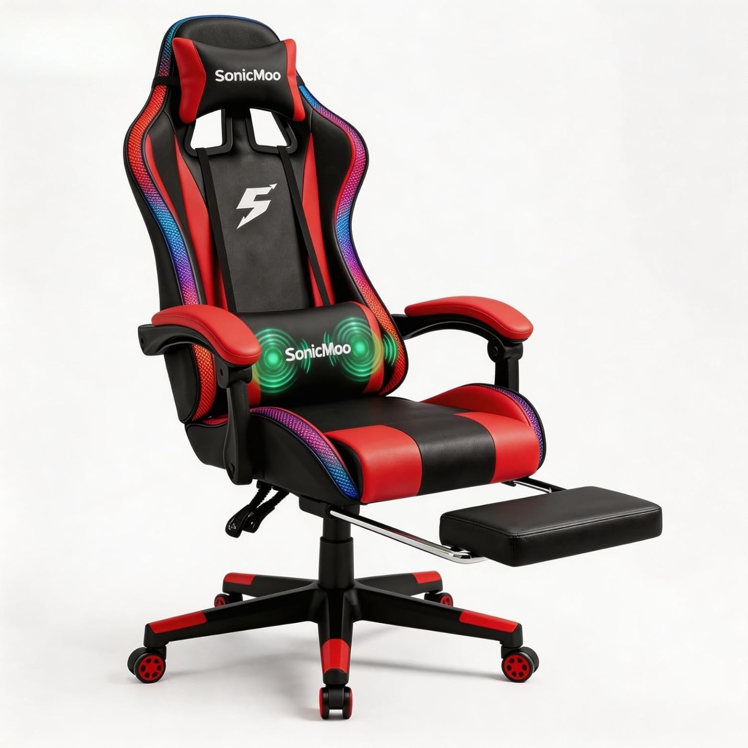 Gaming Chair with RGB LED Lights, Footrest, Lumbar Support & Headrest - High Back Reclining Swivel Computer Chair with Canopy (Red)
