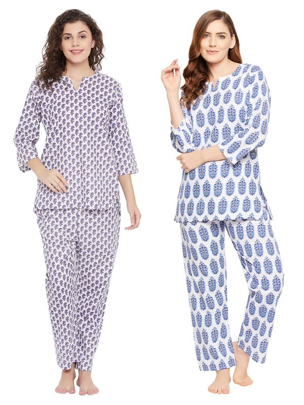 clovia Women's Set of 2 Cotton Floral Printed Top & Pyjama Set in White, Blue Colour-picture-20