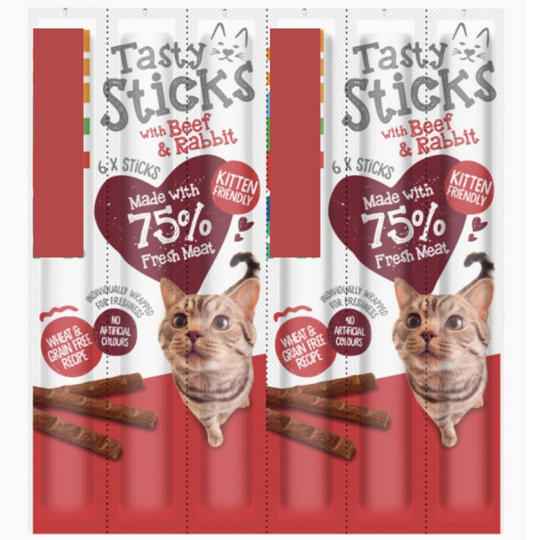 Tasty Sticks Cat Treats with Beef & Rabbit (Pack of 2 x 30g) Kitten Friendly 12 Sticks Wheat & Grain Free Recipe
