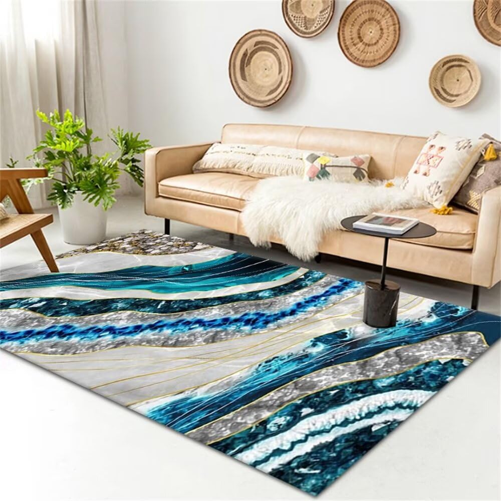 Tapis abstrait gris et bleu grand format 250x300 pour décoration de sol contemporain