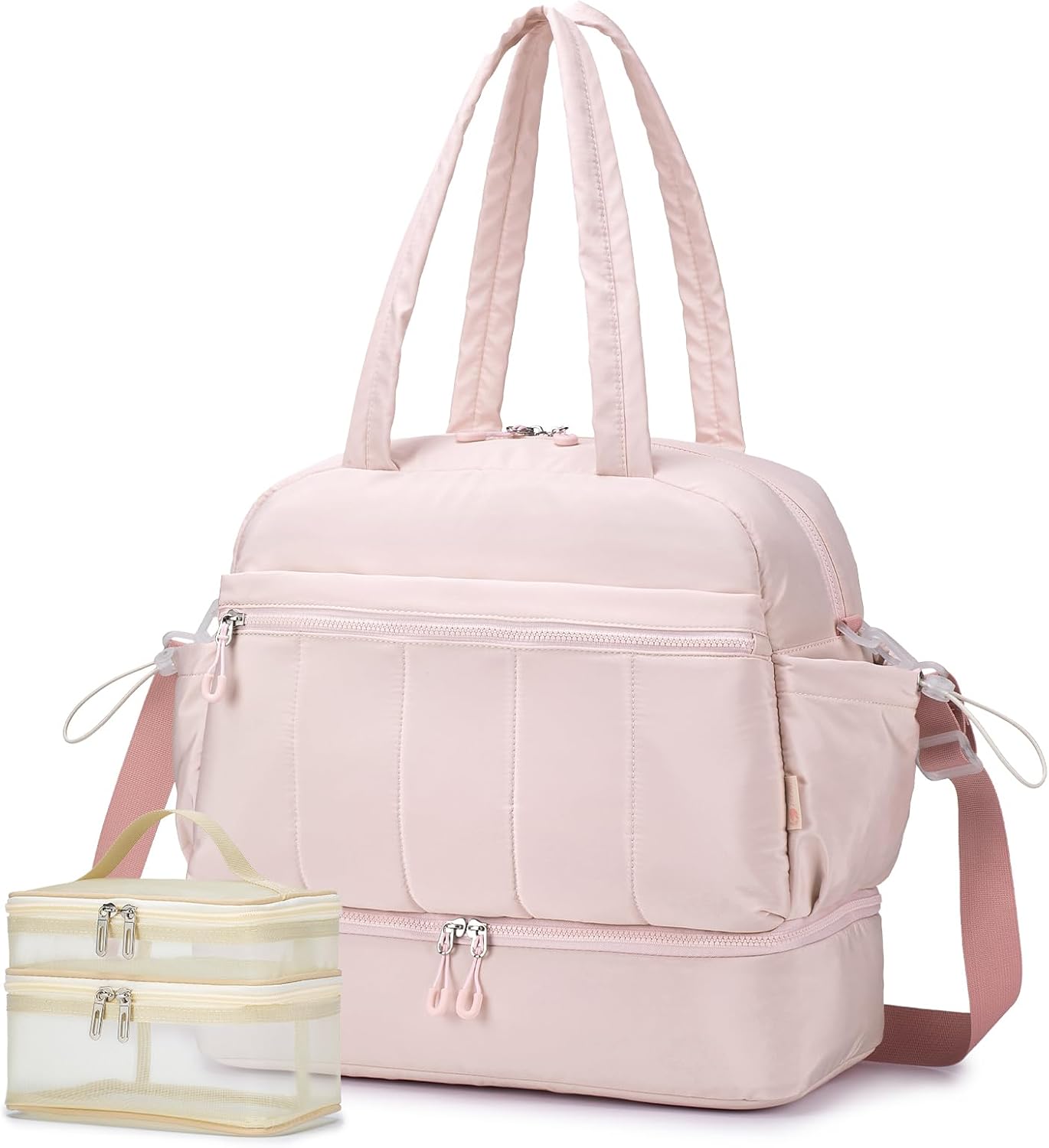 KSIBNW Gym Bag for Women Travel Duffle Bag, Water Resistant Carry on Weekender with Wet Pocket and Shoes Compartment Lightweight Personal Item Travel Bags for Yoga Hospital, with Makeup-bag, Pink