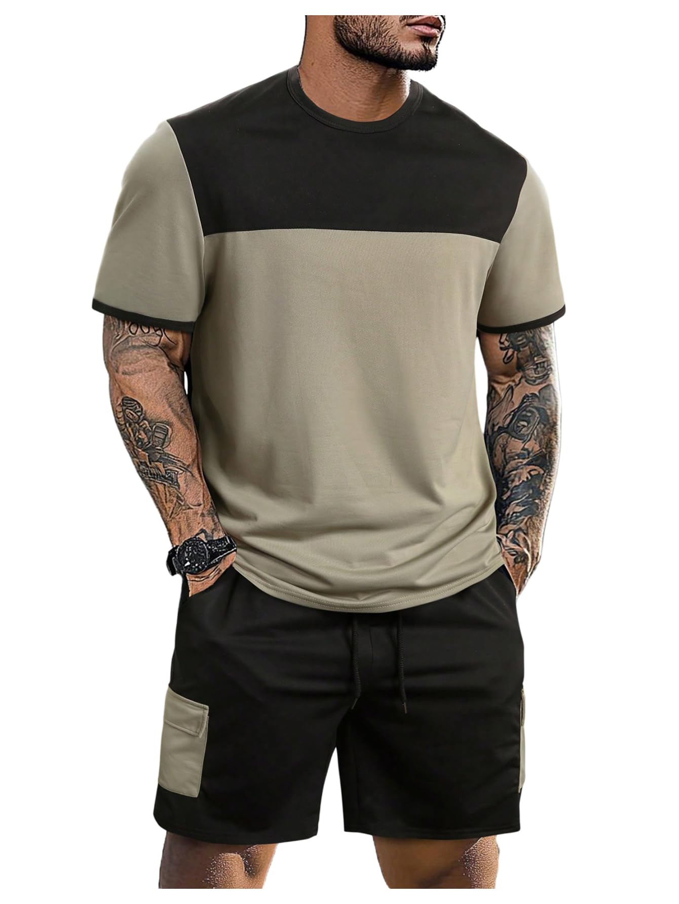 GORGLITTER Men's 2 Piece Color Block Tracksuit Short Sleeve Tee Top Flap Pocket Cargo Shorts Sets