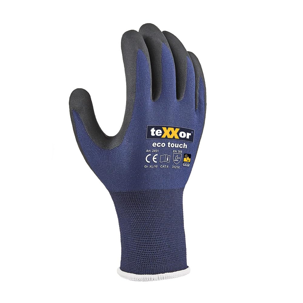 texxor 12 Stück Nylon-Strickhandschuhe eco touch® 2451, Packung, dunkelblau-schwarz, 9/L