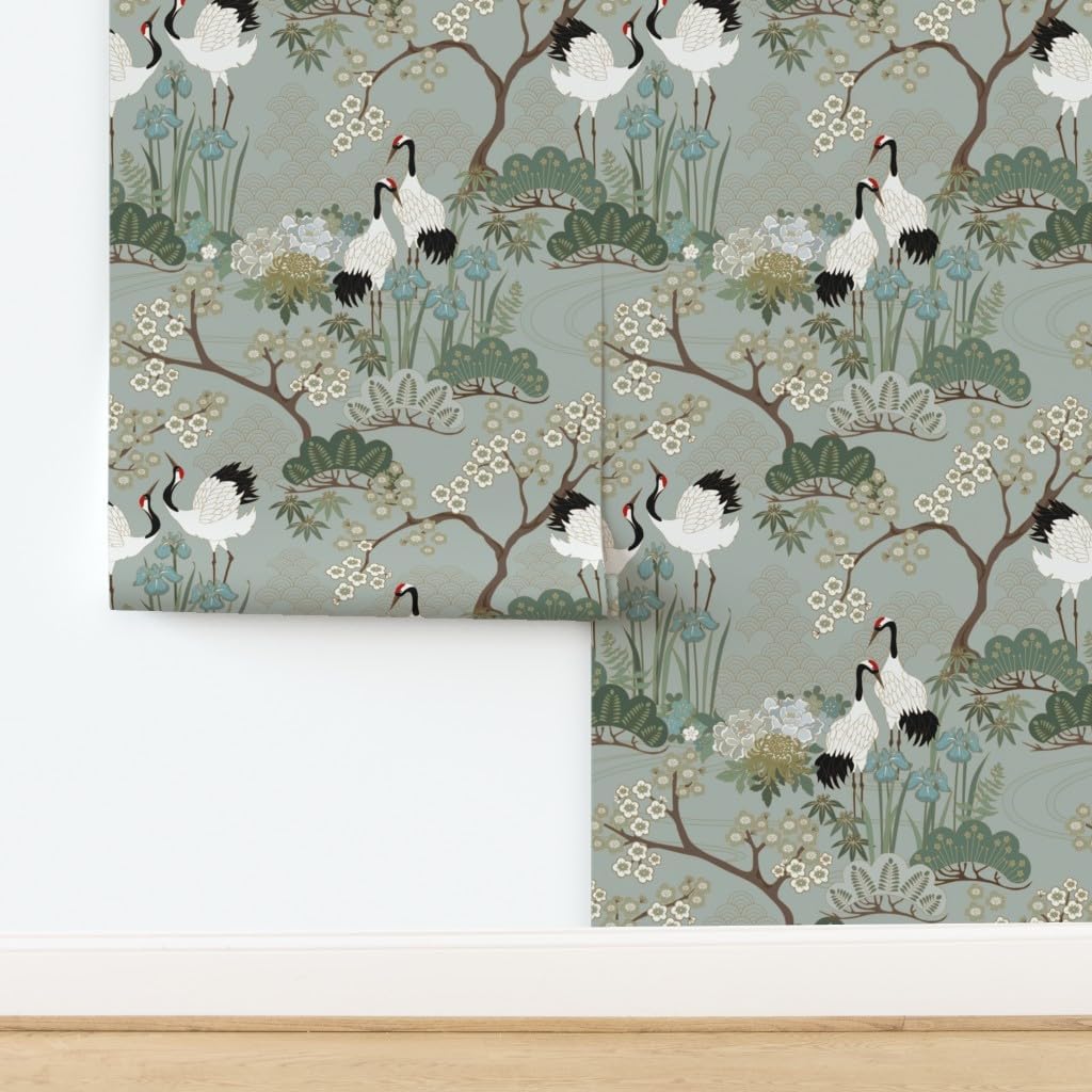 Spoonflower Peel & Stick Wallpaper 9ft x 2ft - Japanese Garden Florals Birds Cranes Asian Sage Cherry Blossom Custom Removable Wallpaper