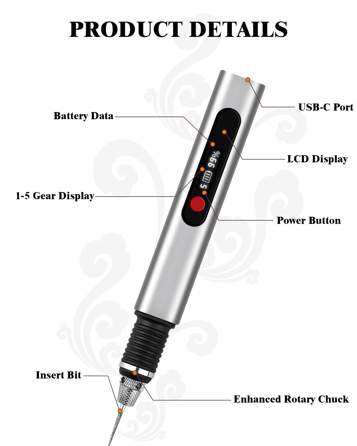 Stylo de gravure sans fil pour métal, bois, verre, plastique, outil de gravure 44 kits, 5 vitesses jusqu'à 30 000 tr/min, 500 mAh rechargeable par USB, kit de graveur rechargeable par USB, cadeaux