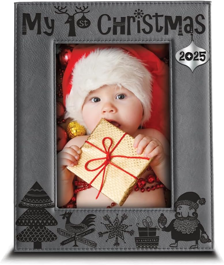 BELLA BUSTA-My First Christmas-My 1st Christmas-Santa and Me -Baby's first Christmas-Engraved Leather Picture Frame (4 x 6 Vertical