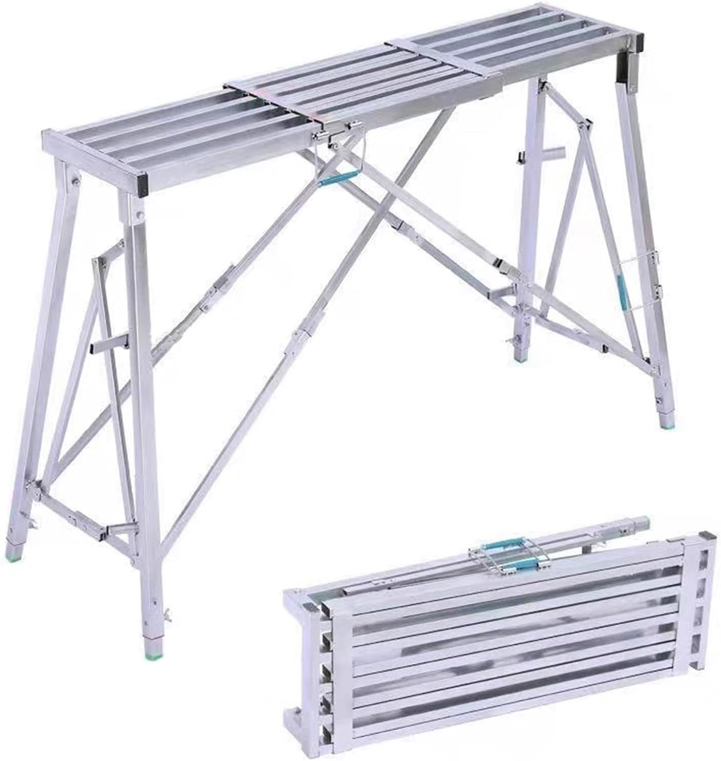 Scaffold Platform, Portable Folding Scaffolding Workbench, Adjustable Length and Height Work Platform, Galvanized Steel Welding for House Renovation, High Place Work, 300KG Load Capacity