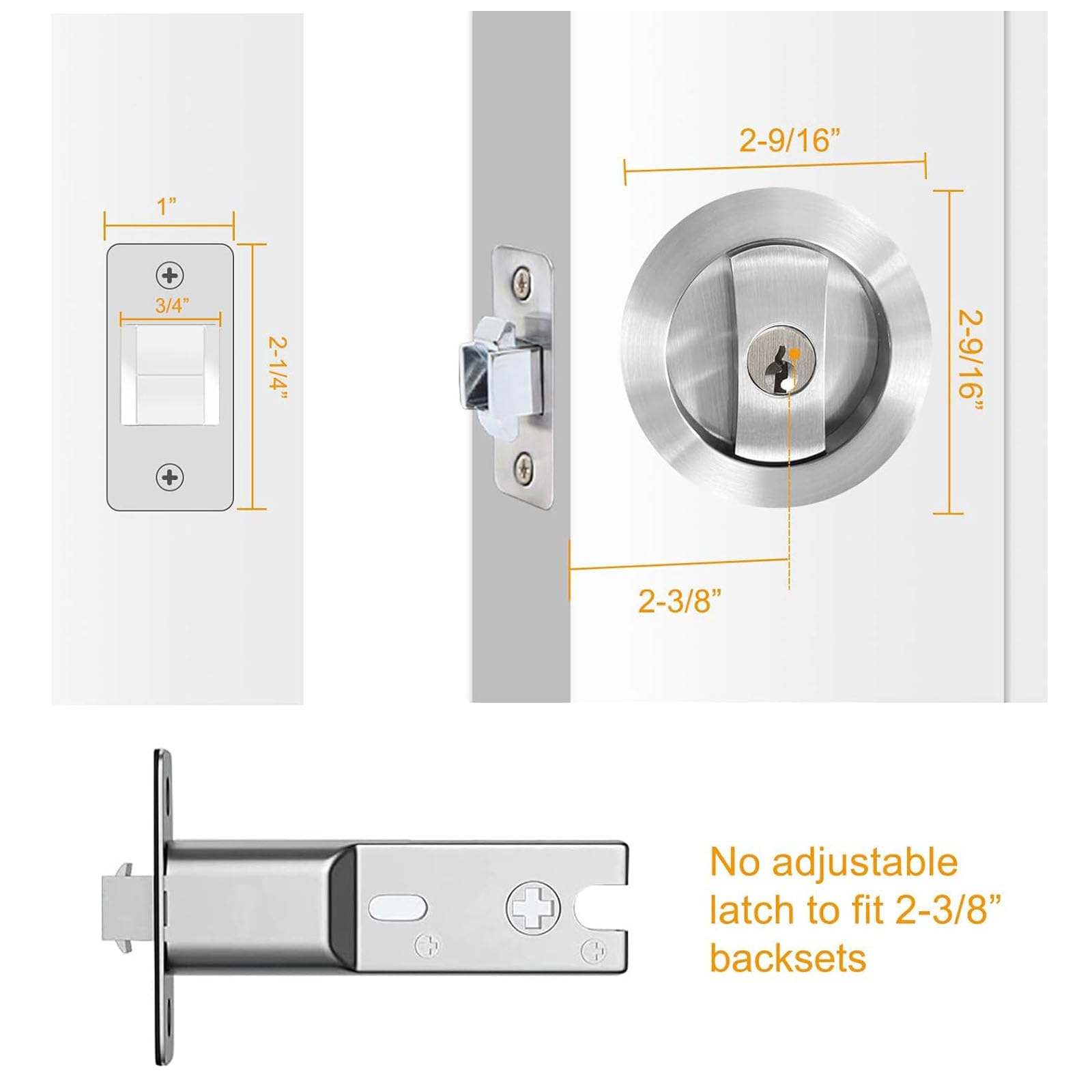 Betensh Sliding Door Lock Round Pocket Door Lock with Key Invisible Installation Door Lock Silver 66 mm Pocket Door Hardware Lock - Image 3