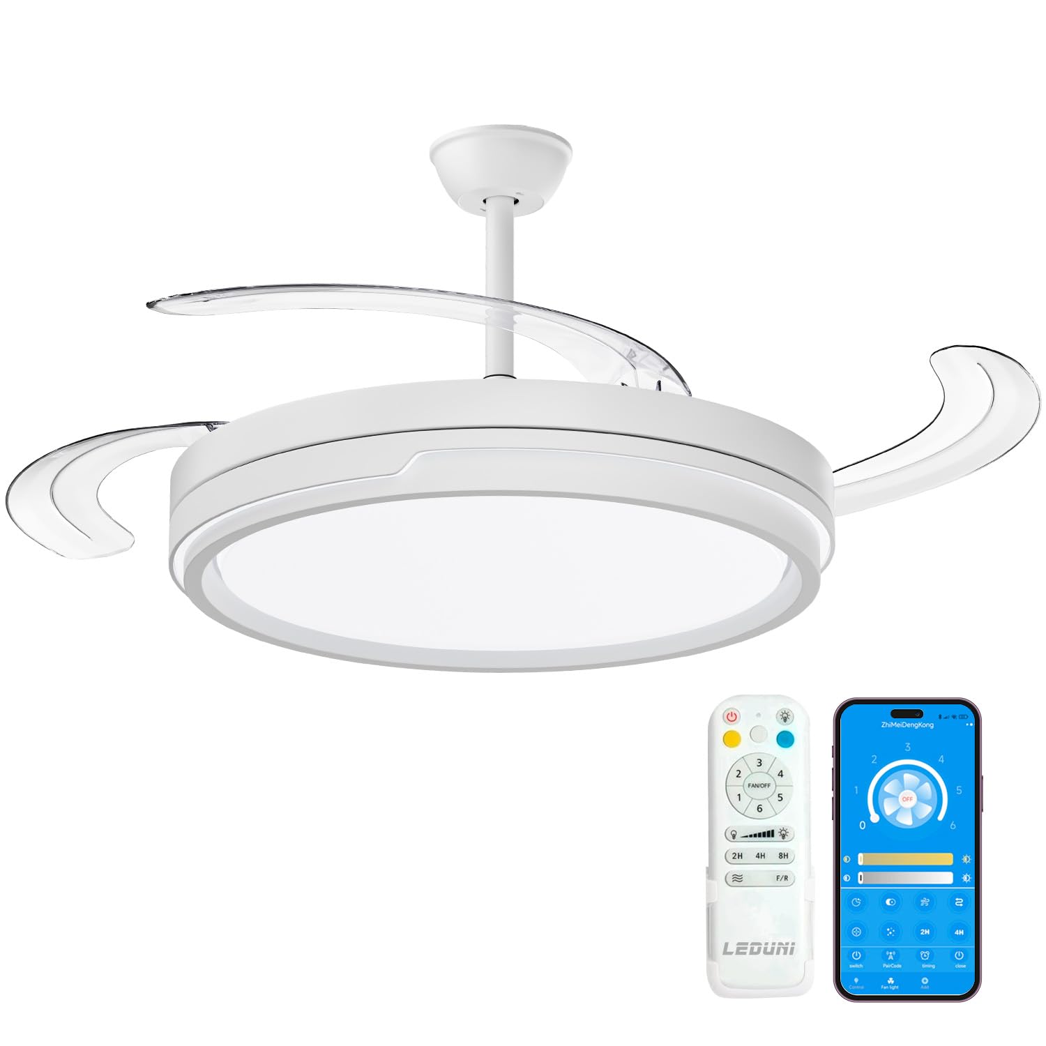 Ventilador con Luz LED 66W + Motor DC 30W, 8280 lm, con mando, Ultra Silencioso con Motor DC, 6 velocidades, aspas retráctiles, 3 temperaturas de luz, función verano-invierno (Blanco Liso)