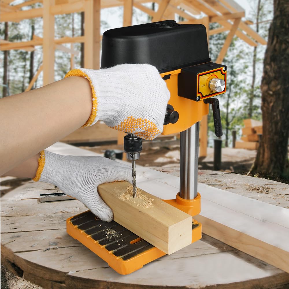 Hoteche Trapano da tavolo da 6,5 mm, 100 W, regolabile in 3 livelli (0-5000 giri/min), mandrino di precisione 0,6-6,5 mm, piano di lavoro 170 x 170 mm, per metallo/legno con accessori