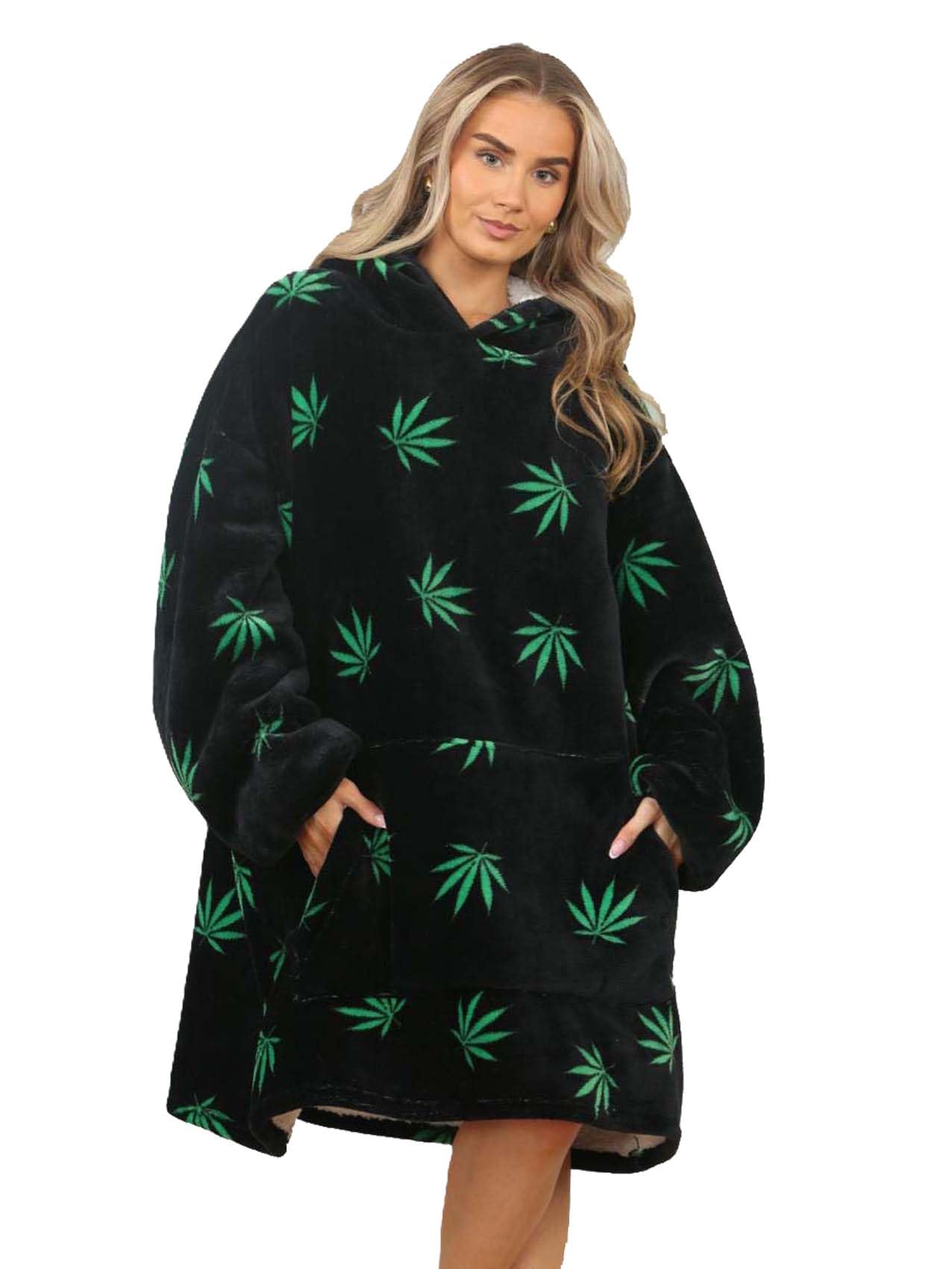 Oversized Hoodie Blanket, Black with Green Leaf Print, Plush Fleece, Wearable Blanket with Hood and Pockets