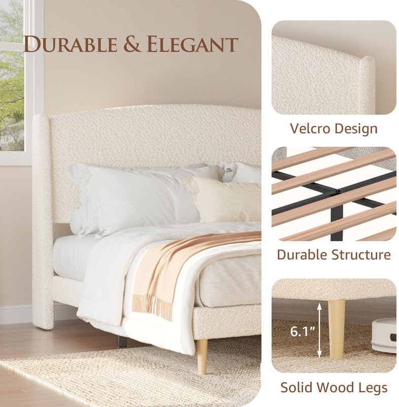 Queen Size Bed Frame with Wingback Headboard, Boucle Upholstered Platform Bed, No Box Spring Needed, 6" Under-Bed Storage, Easy Assembly, Beige