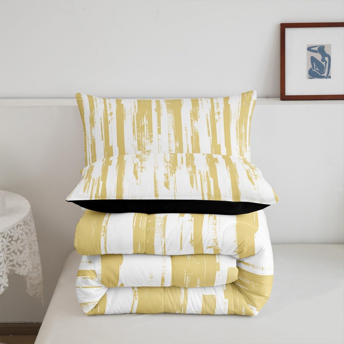 Erosebridal Yellow Striped Comforter Set Full Size for Women Men,Modern Geometric Abstract Quilt for Kids Teens Adults,Gradient Art Aesthetic Bedding,Contemporary Boho Graffiti Duvet Insert