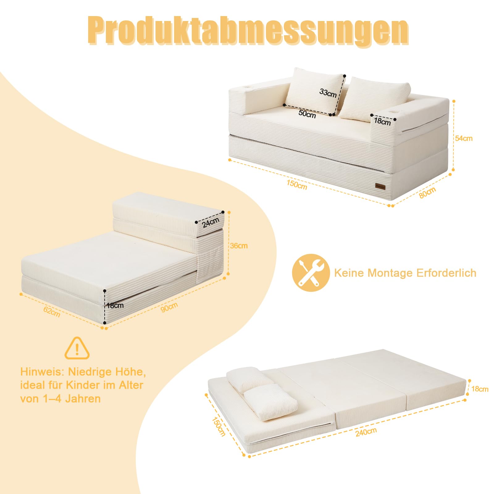MeMoreCool Boneless Futon-Schlafsofa, faltbares Bodensofa mit Kissen, klappbares Cord-Schlafsofa, ausklappbares Zweisitzer-Sofa für Wohnzimmer und kleine Räume, Beige
