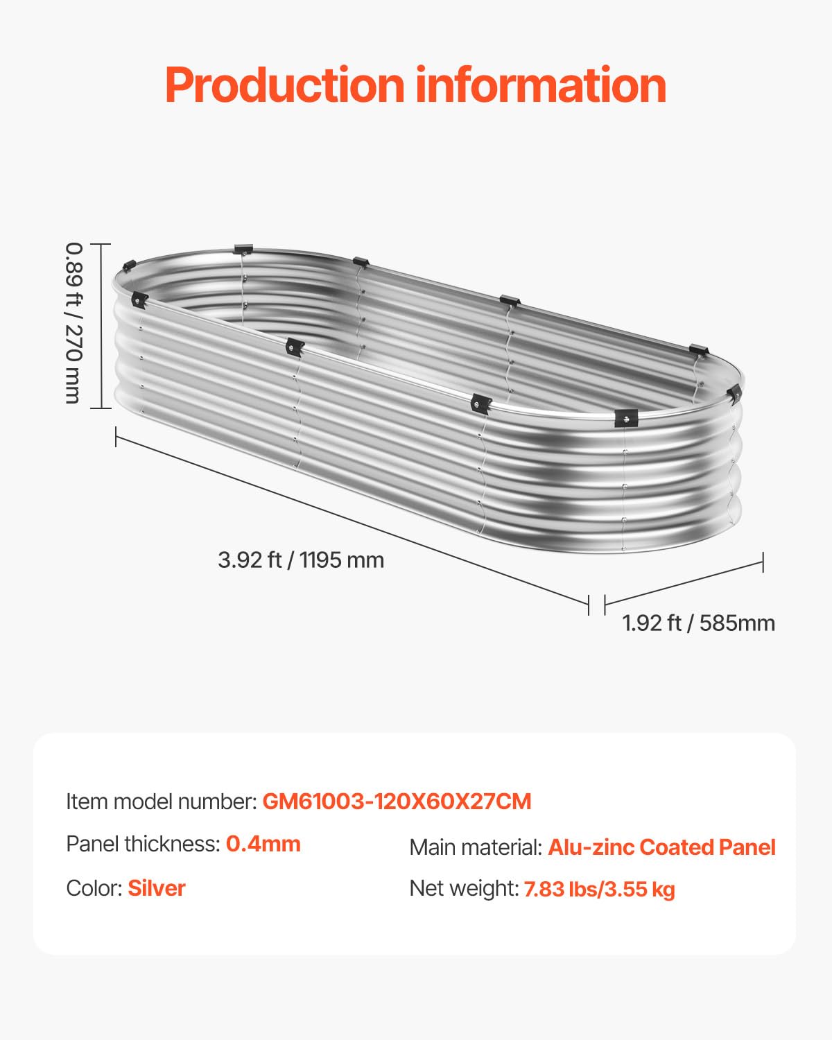 VEVOR Cama de Jardín Elevada de Metal 1195 x 585 x 270 mm con Fondo Abierto para Exteriores, Jardinera Ovalada Galvanizada para Jardinería de Verduras, Flores, Hierbas y Plantas Suculentas, Plateado