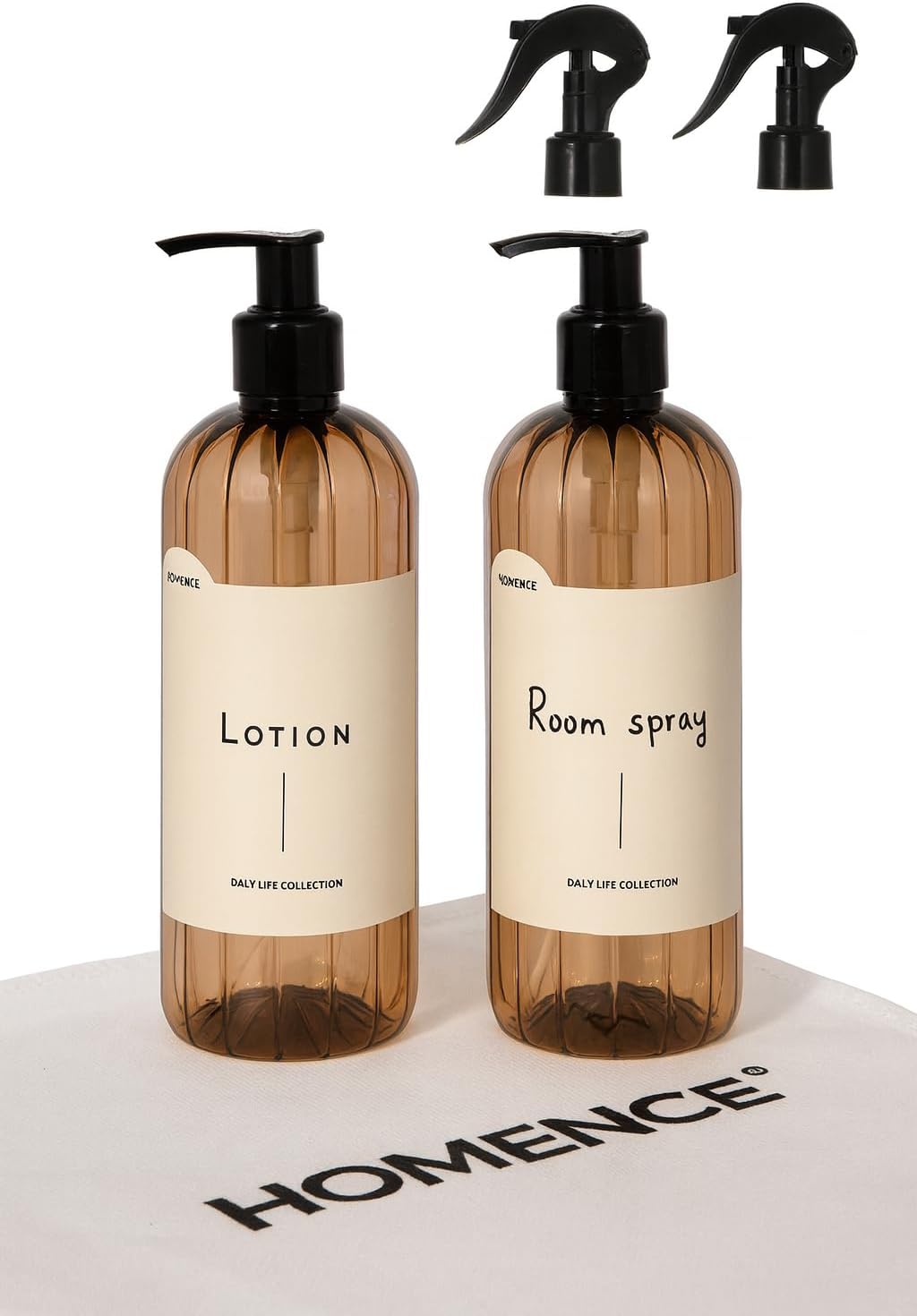 Soap Dispenser Bottle Set Light Amber Color I 2 Pump & 2 Spray Heads Included I 500ml I Durable Plastic Bottles for Hand & Dish Soap – Elegant Home & Kitchen Decor with Gift Drawstring Bag