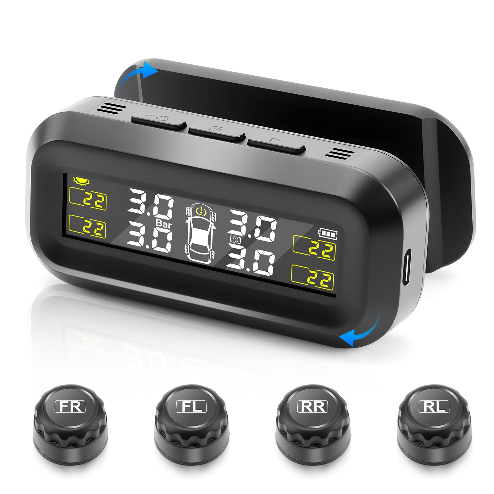 KAOLALI TPMS - Sistema de Control de Presión de Neumáticos 0-50 PSI, Fijación al Parabrisas, Carga Solar, Sistema de Control de Presión de Neumáticos con 4 Sensores Externos