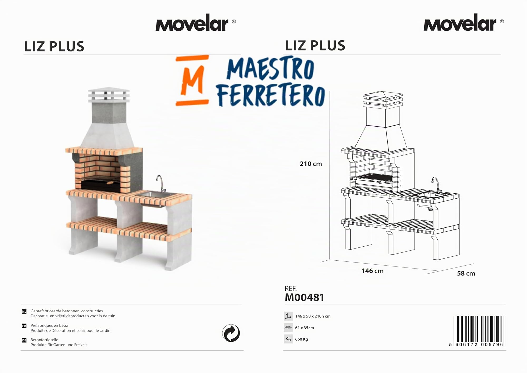 MOVELAR - Barbacoa de Obra Prefabricada de Leña y Carbón Modelo Liz Plus XL con Lavabo y Grifo (Gris, Naranja - 142 x 58 x 210 cm) REF: M00481 - Cocina de Exterior con Fregadero para Jardín y Terraza