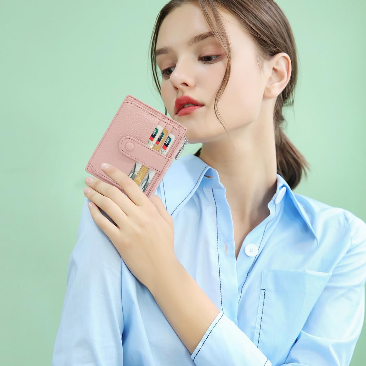 REETEE Porte Carte de Crédit Cuir Véritable Homme Femme RFID Blocage Portefeuille Cuir Petit Porte Carte Slim avec Poche à Monnaie, Porte Feuille avec 14 Emplacements et Petit Porte Monnaie (Rose)