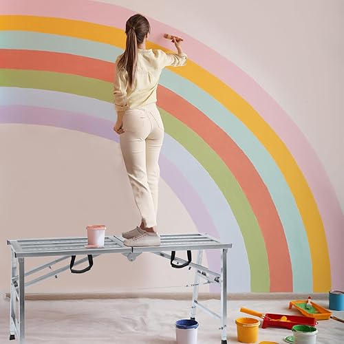 Miniatura 6 de Plataforma de andamio ajustable con capacidad de carga de 600 lb, escalera de acero, plataforma de trabajo plegable portátil para limpieza de RV,