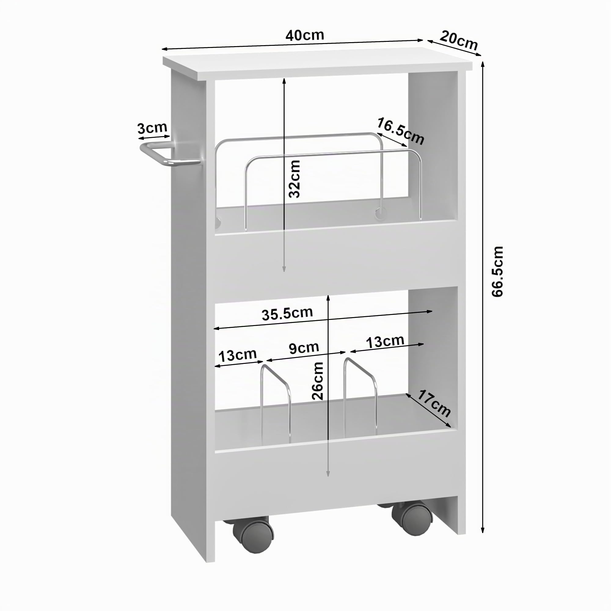 [en.casa] Chariot de Rangement à roulettes avec 2 Étagères Organisateur avec Poignée Pratique Freins d'Arrêt Peu Encombrant Cuisine Buanderie Salle de Bains MDF Métal Plastique 67 x 40 x 20 cm Blanc