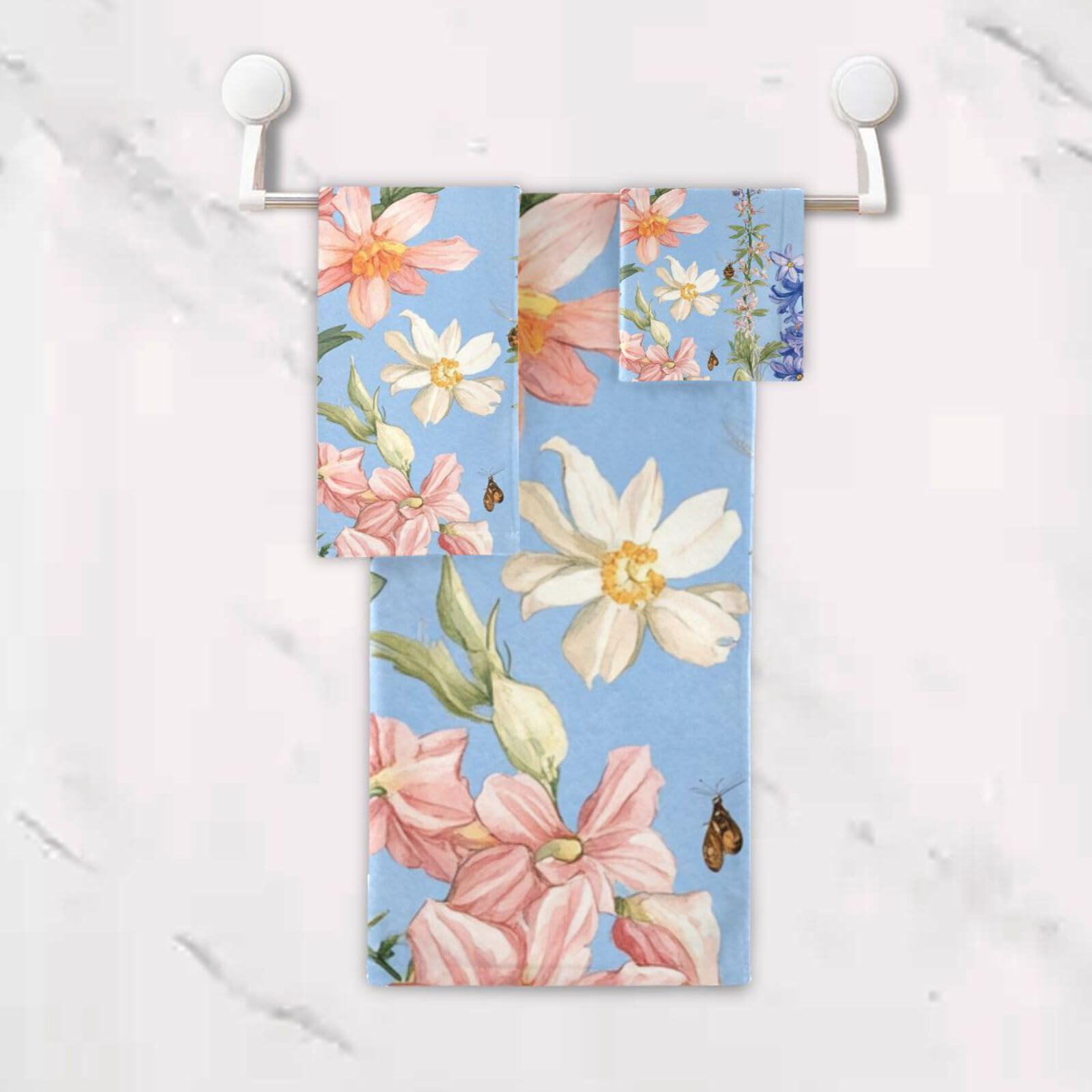 Fiori d'Autunno Giacinti Bellflower Farfalle Api Blu _ 1 Set di 3 Asciugamani Decorativi Viso Set 3 Pezzi, 1 Asciugamano da Bagno 1 Asciugamano 1 Asciugamano per Cucina Bagno Yoga Palestra