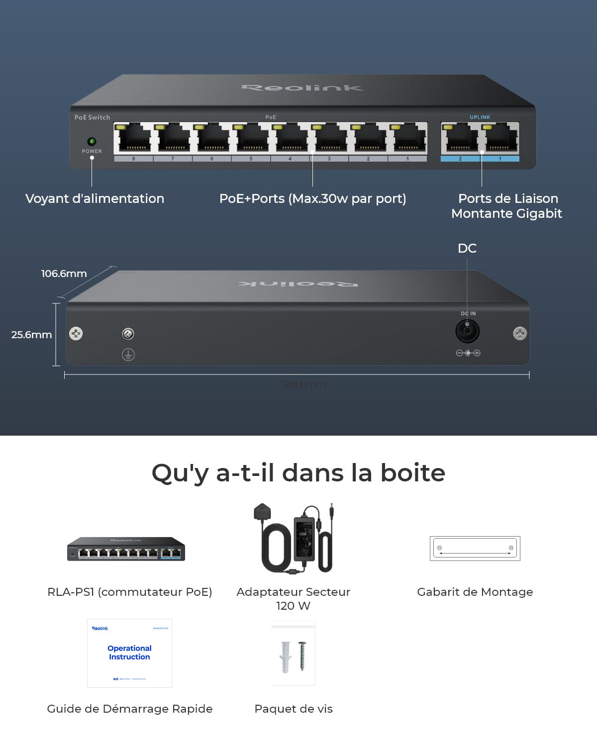Reolink PoE Switch à 8 Ports PoE, 2 Ports Gigabit Uplink, jusqu'à 120W au Total pour Tous Les Ports PoE, idéal NVR PoE IP Cameras, IEEE802.3af/at, Desktop/Wall Mount, RLA-PS1