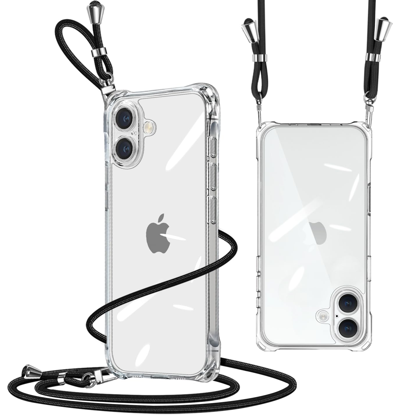 iPhone 16 用 ケース ショルダー クリア アイフォン16 スマホケース 肩掛け 斜めかけ 縄掛けケース 透明 薄型 軽量 TPU 携帯ケース 紐付き 斜めがけ 織りストラップ付き 長さ調整可能 取り外し可能 落下防止 紛失防止 (ブラック)